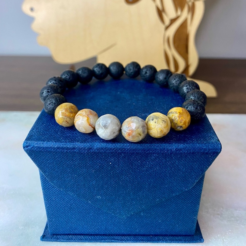Handmade Unisex Crazy Lace Agate Lava Bead Bracelet 10mm - Picture 5 of 8